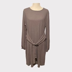 Casual Gray Contemporary Warm Fall Tie Wrap Waist LongSleeved Midi Dress